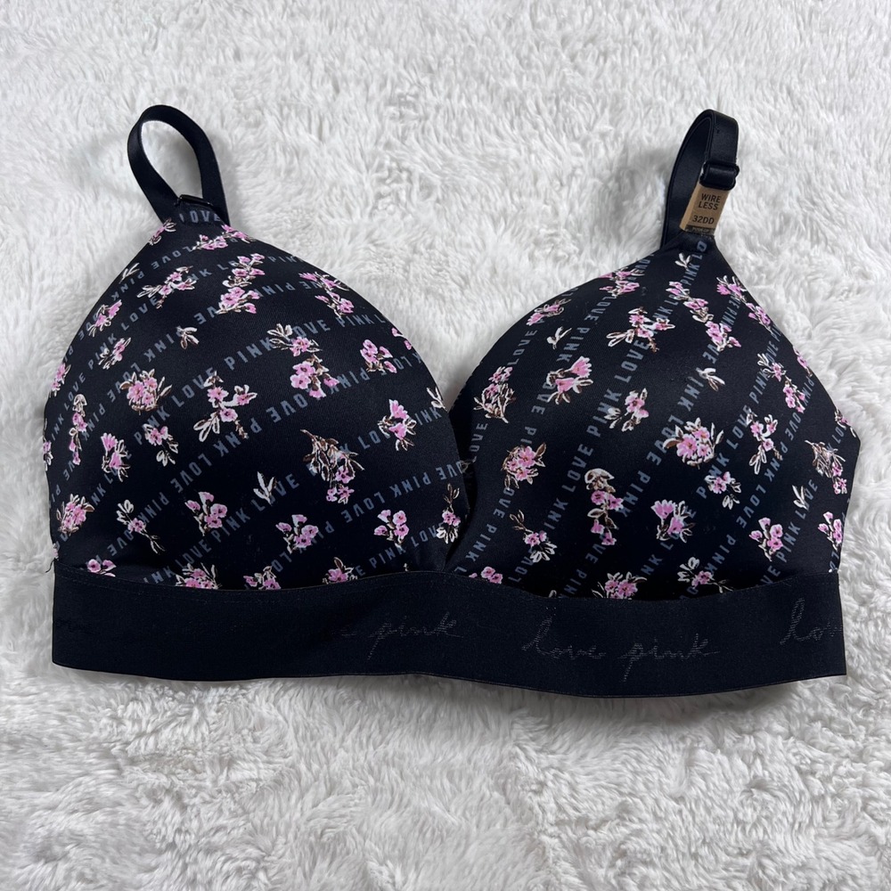 Victoria's‎ Secret PINK Wear Everywhere Wireless Push-Up Bra Black Floral 32DD